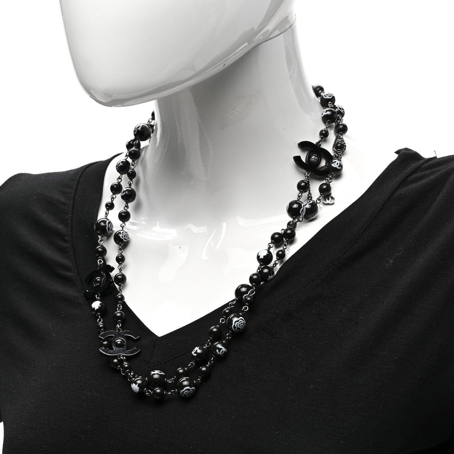 Ruthenium Pearl Beaded Camelia CC Long Necklace Black