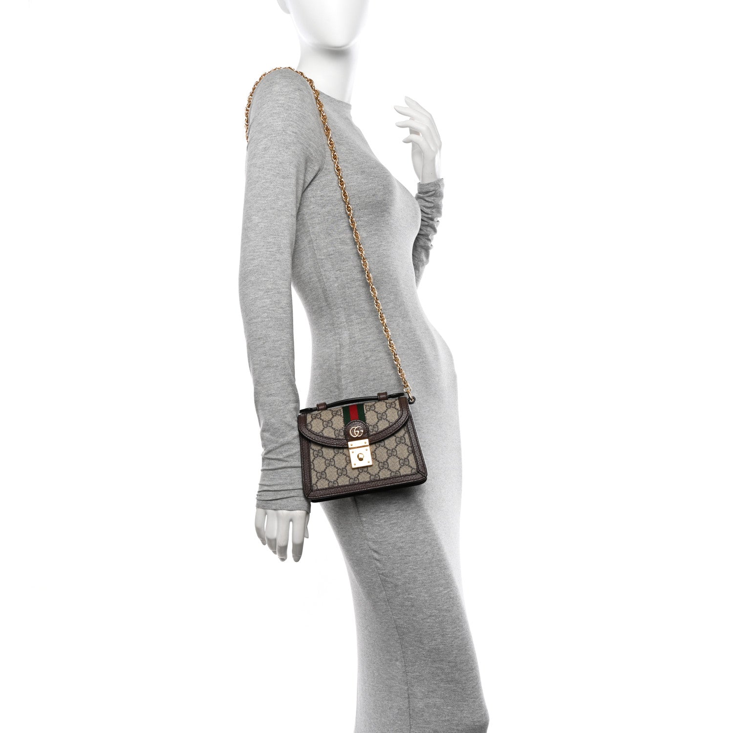Gucci GG Supreme Monogram Textured Dollar Calfskin Web Mini Ophidia Padlock Top Handle Chain Shoulder Bag Beige Ebony New Acero 2 of 10