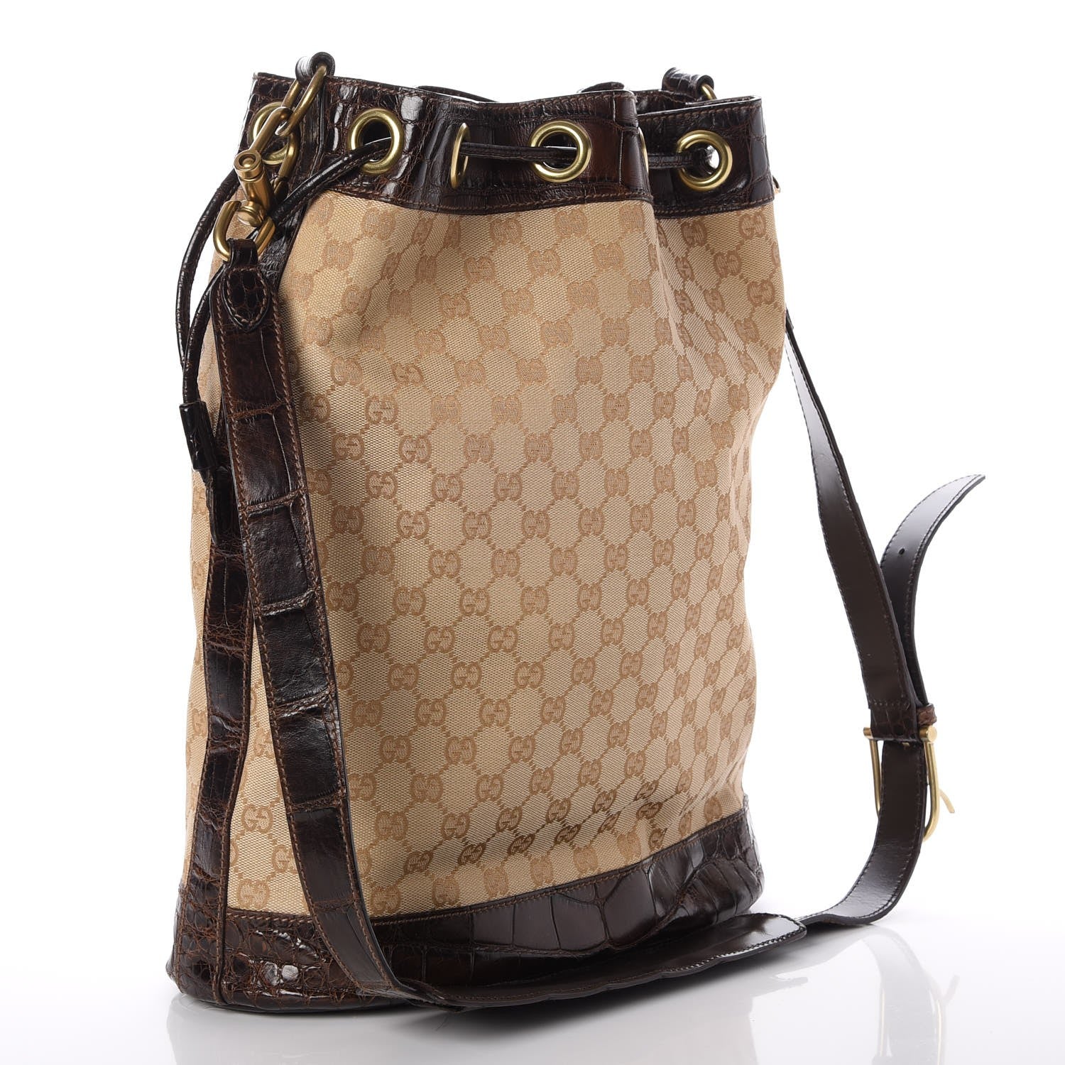 Gucci Monogram Crocodile Drawstring Shoulder Bag Dark Brown 3 of 7