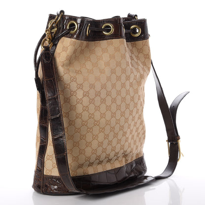 Gucci Monogram Crocodile Drawstring Shoulder Bag Dark Brown 3 of 7