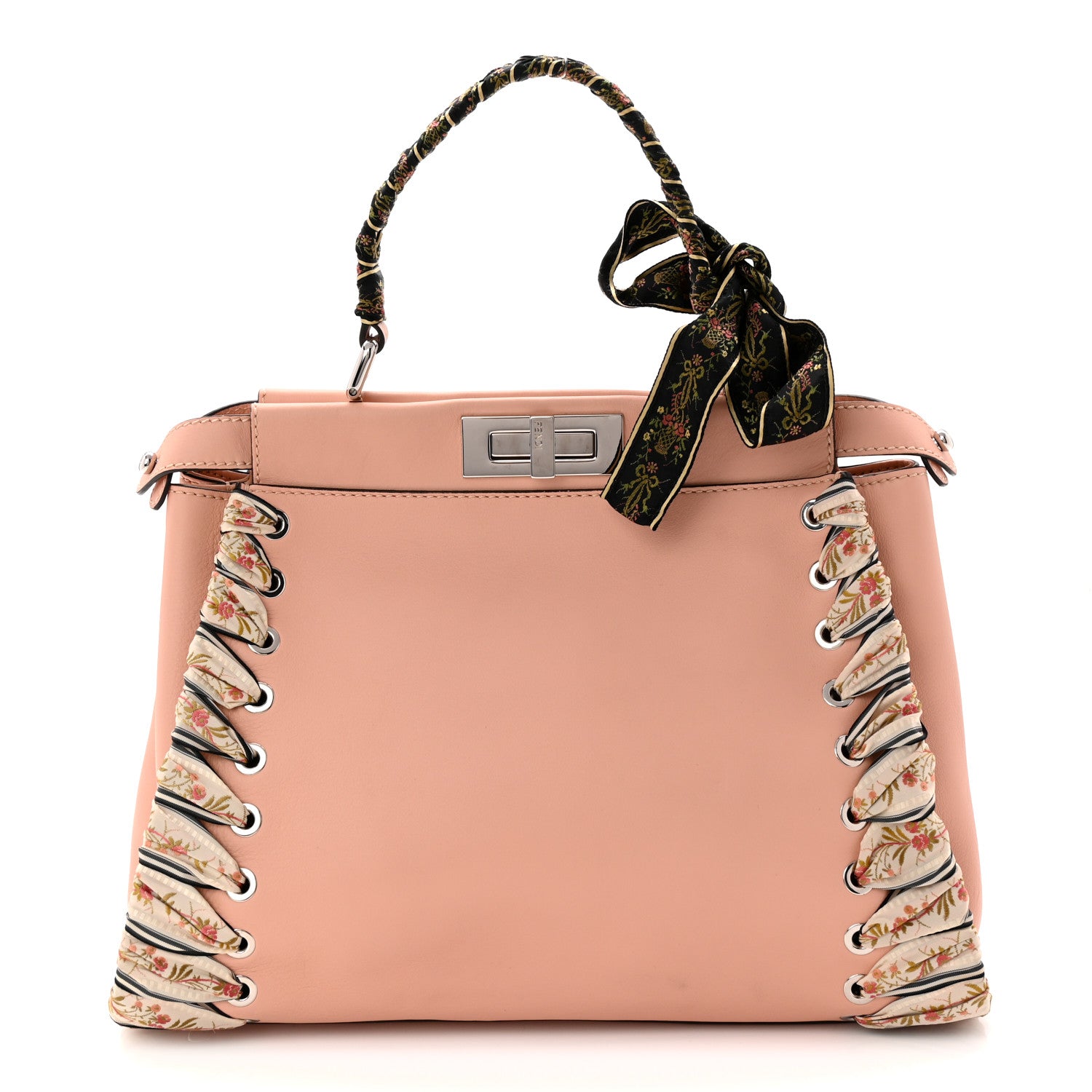 Fendi Vitello Seta Shiny Nappa Ribbon Lace Up Floral Medium Peekaboo Iconic Satchel Baby Pink Multicolor 1 of 11