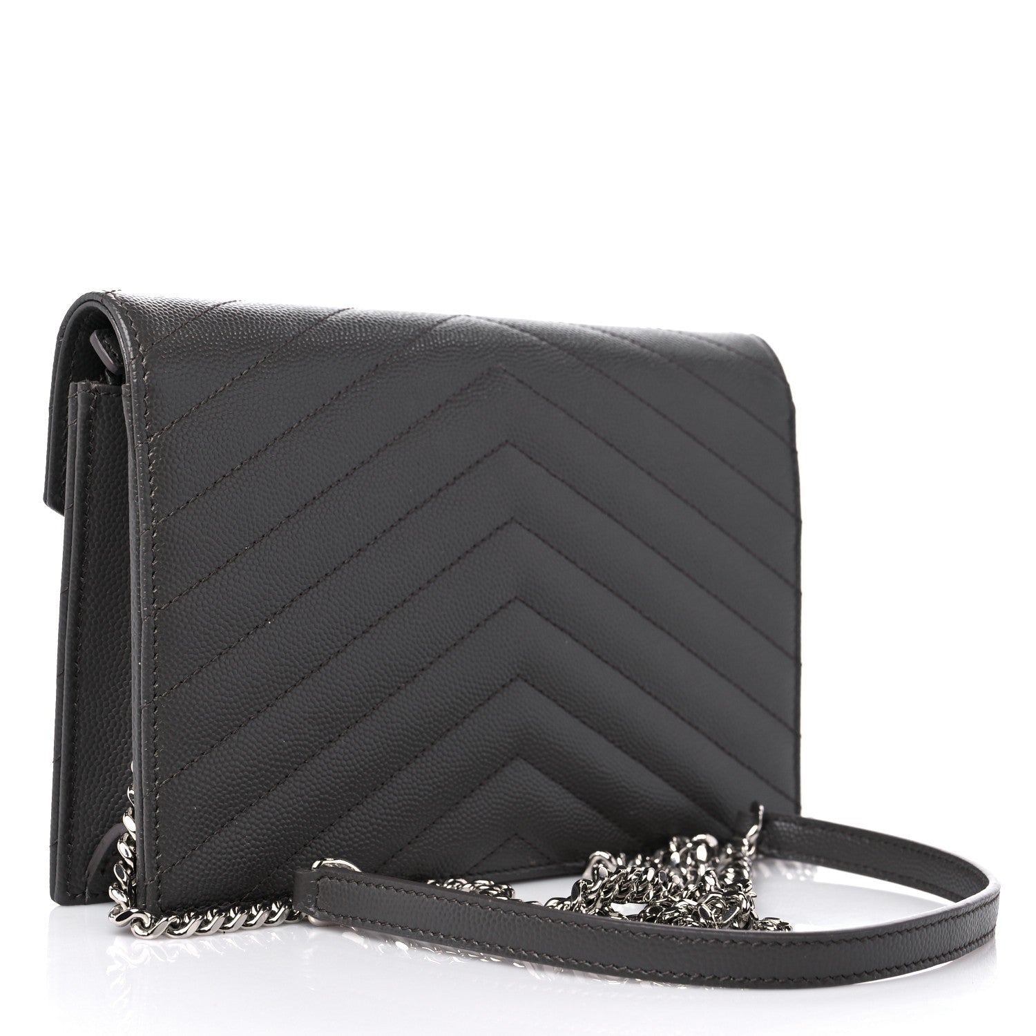 Saint Laurent Grain De Poudre Matelasse Chevron Monogram Envelope Chain Wallet Gray 2 of 13