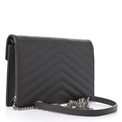 Saint Laurent Grain De Poudre Matelasse Chevron Monogram Envelope Chain Wallet Gray 2 of 13