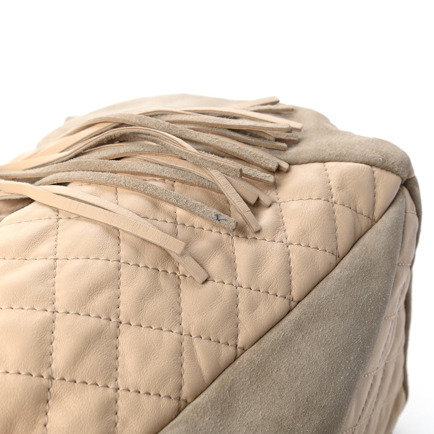 Calfskin Suede Quilted Patchwork Drawstring Bag Beige