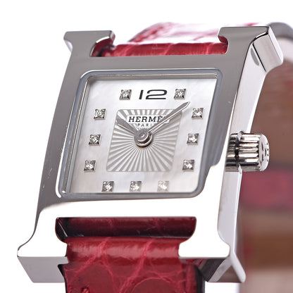 Hermes Stainless Steel Alligator Diamond Mother of Pearl 17.2mm Heure H Hour Quartz Watch Braise 10 of 11