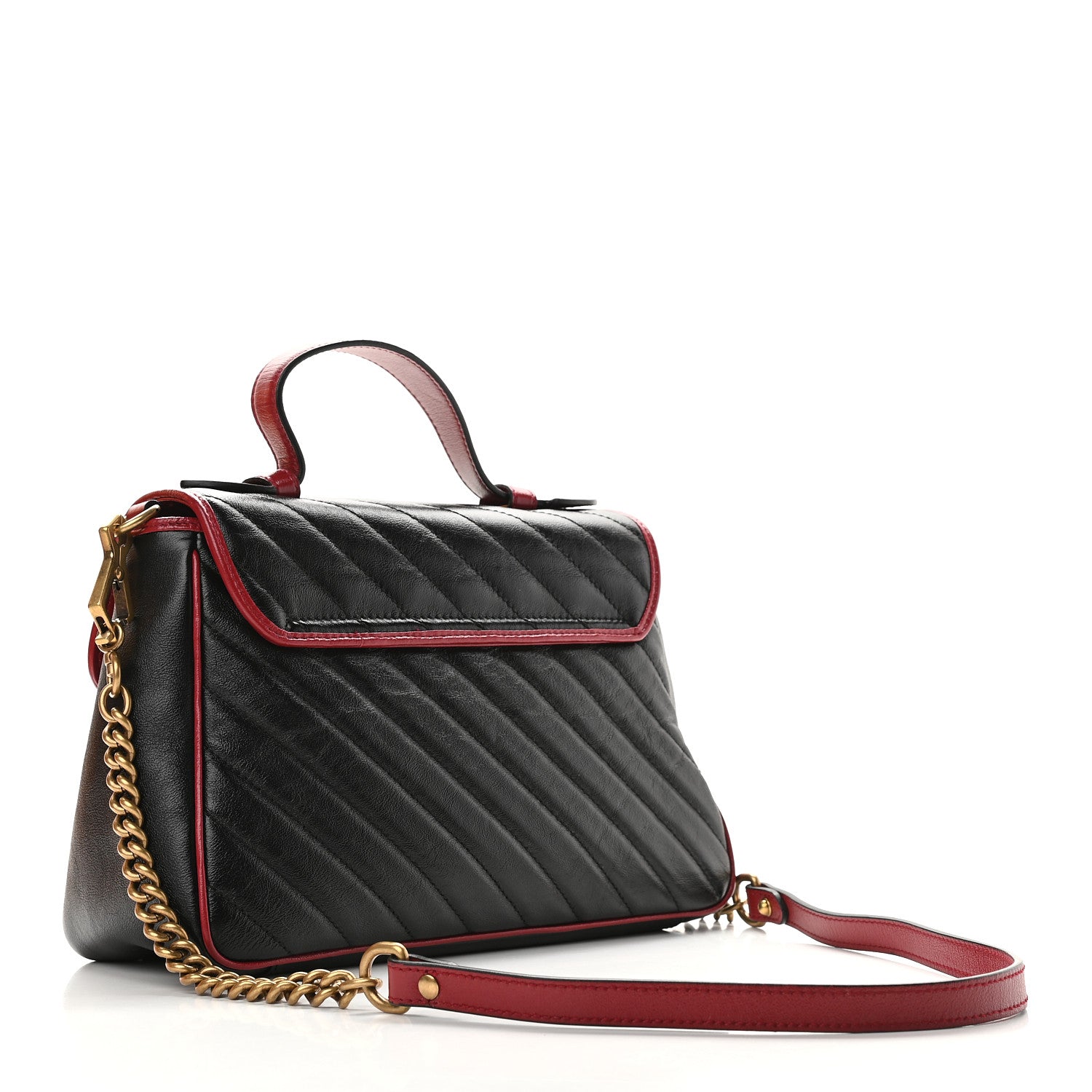 Gucci Vintage Effect Calfskin Matelasse Diagonal Small Torchon GG Marmont Top Handle Shoulder Bag Black Romantic Cherry 2 of 8