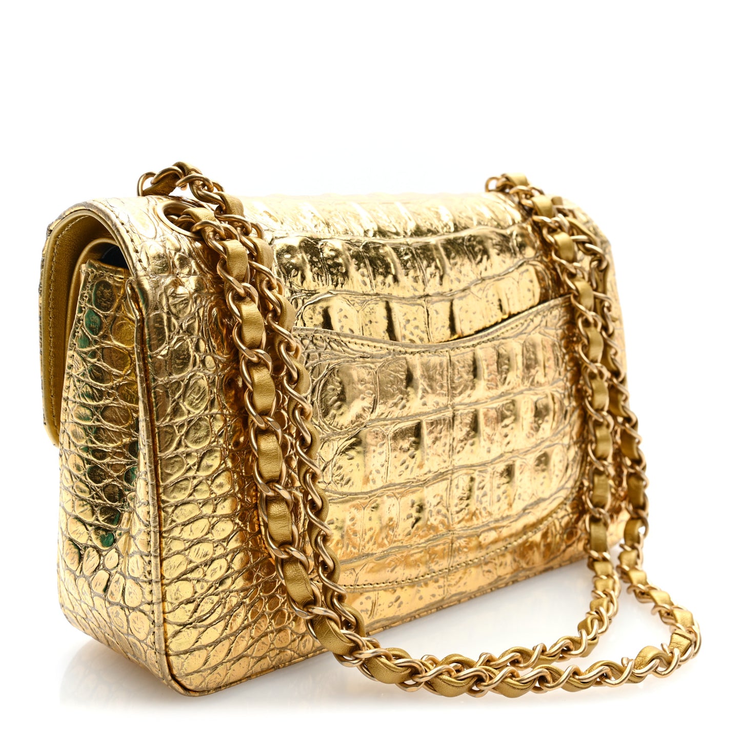 Metallic Calfskin Crocodile Embossed Cocodile Small Double Flap  Gold