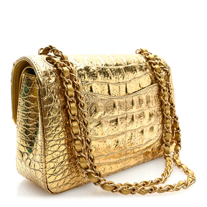 Chanel Metallic Calfskin Crocodile Embossed Cocodile Small Double Flap  Gold 3 of 10