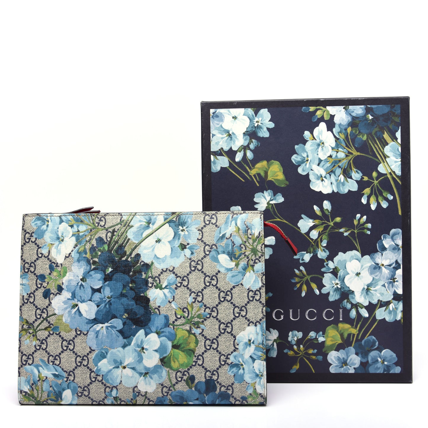 GG Supreme Monogram Blooms Large Cosmetic Case Beige Blue Navy Hibiscus Red