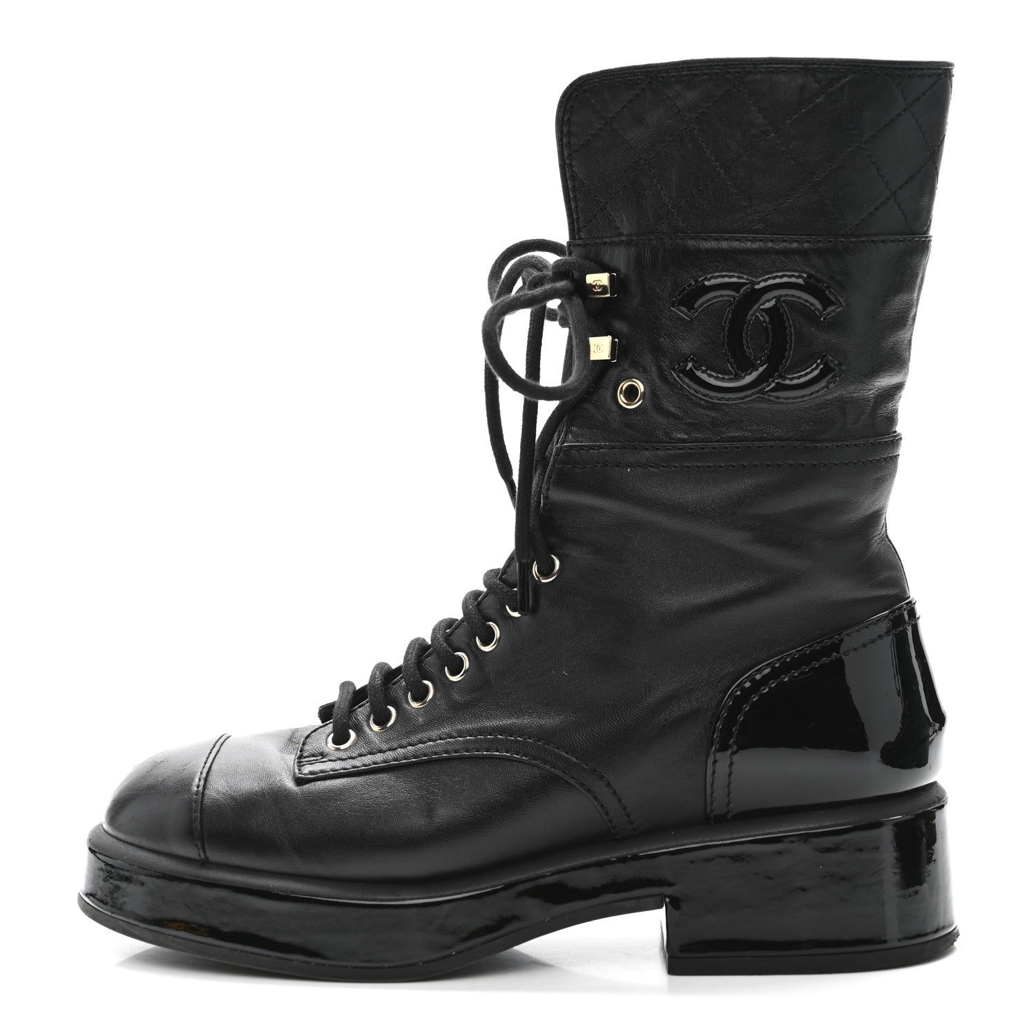 Chanel Lambskin Patent Calfskin Quilted CC Lace Up Combat Boots 37 Black 1 of 9