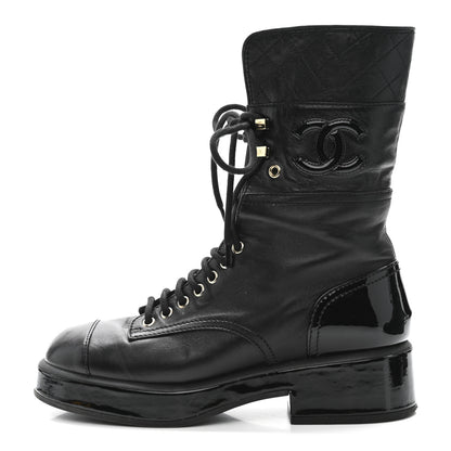 Chanel Lambskin Patent Calfskin Quilted CC Lace Up Combat Boots 37 Black 1 of 9
