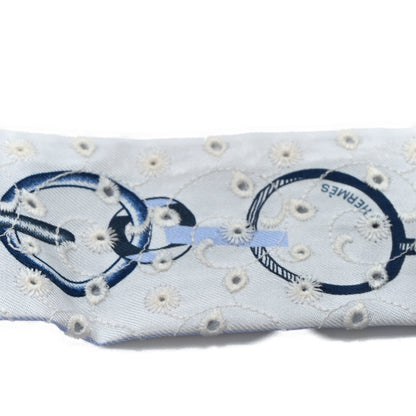 Hermes Silk Embroidered Do Re Boucles Broderie Anglaise Twilly  Bleu White Marine 3 of 3