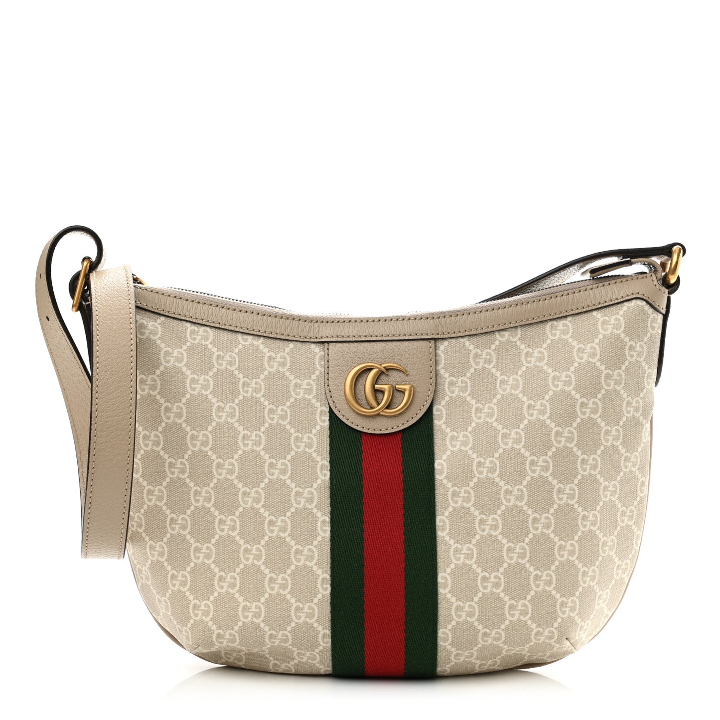 GG Supreme Monogram Textured Dollar Calfskin Web Small Ophidia Half Moon Hobo Beige Mystic White Oatmeal
