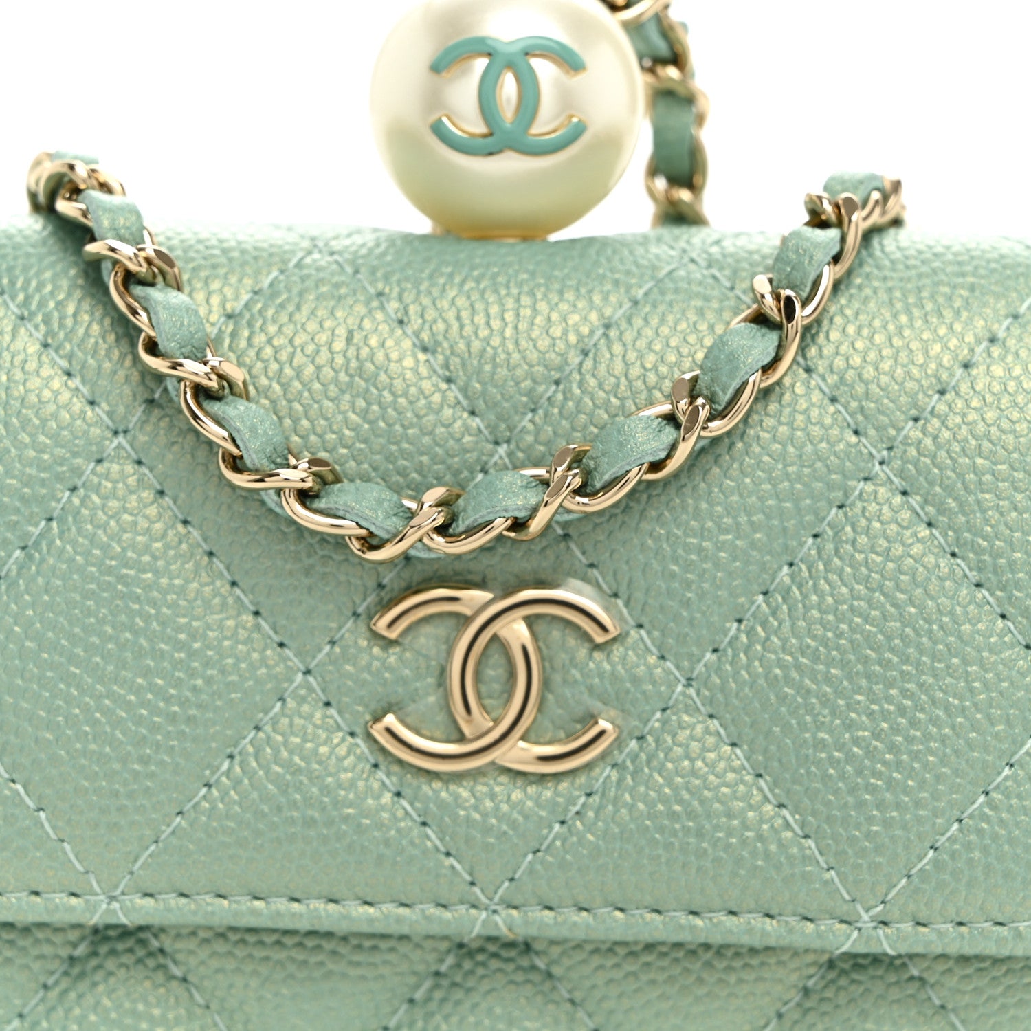 Chanel Iridescent Caviar Quilted Pearl On Top Coin Purse With Chain Light Green 8 of 10