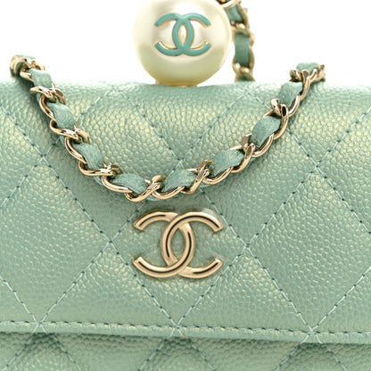 Chanel Iridescent Caviar Quilted Pearl On Top Coin Purse With Chain Light Green 8 of 10