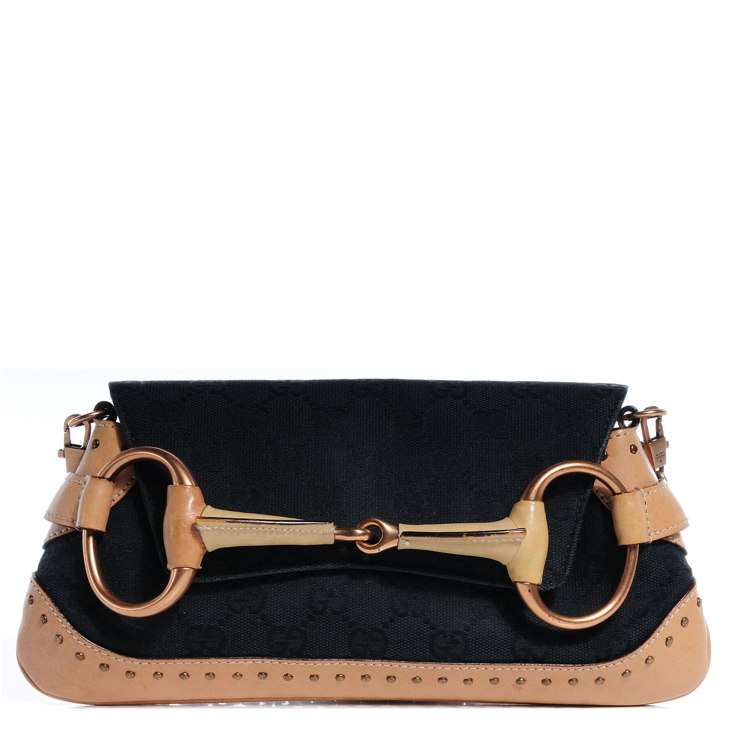 Canvas Leather Monogram Horsebit Clutch Black Tan