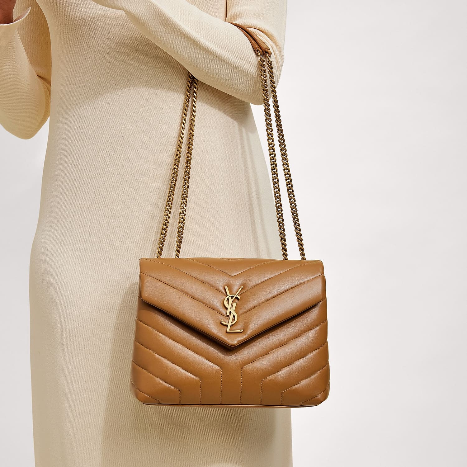 Saint Laurent Calfskin Y Quilted Monogram Small Loulou Chain Satchel Dark Natural 2 of 11