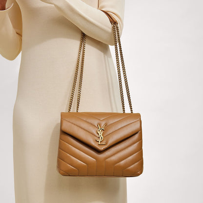 Saint Laurent Calfskin Y Quilted Monogram Small Loulou Chain Satchel Dark Natural 2 of 11