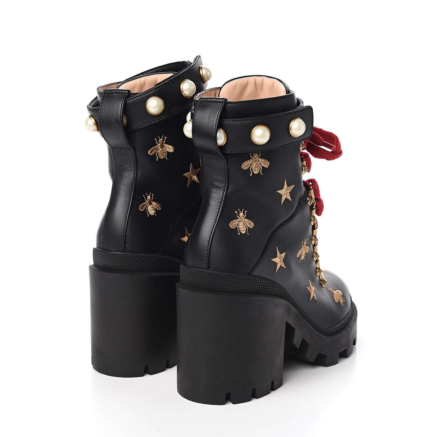 Calfskin Embroidered Lace Up Combat Ankle Boots 35.5 Black