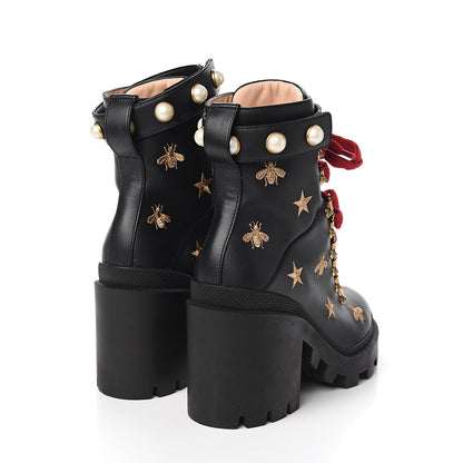Gucci Calfskin Embroidered Lace Up Combat Ankle Boots 35.5 Black 4 of 9