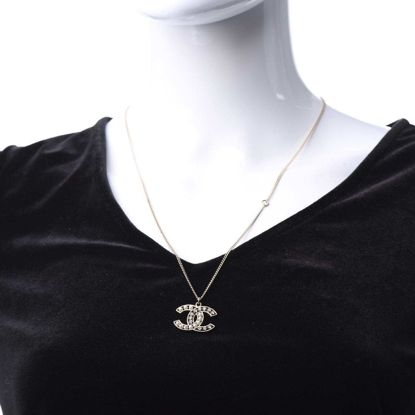 Pearl Crystal CC Pendant Necklace Gold