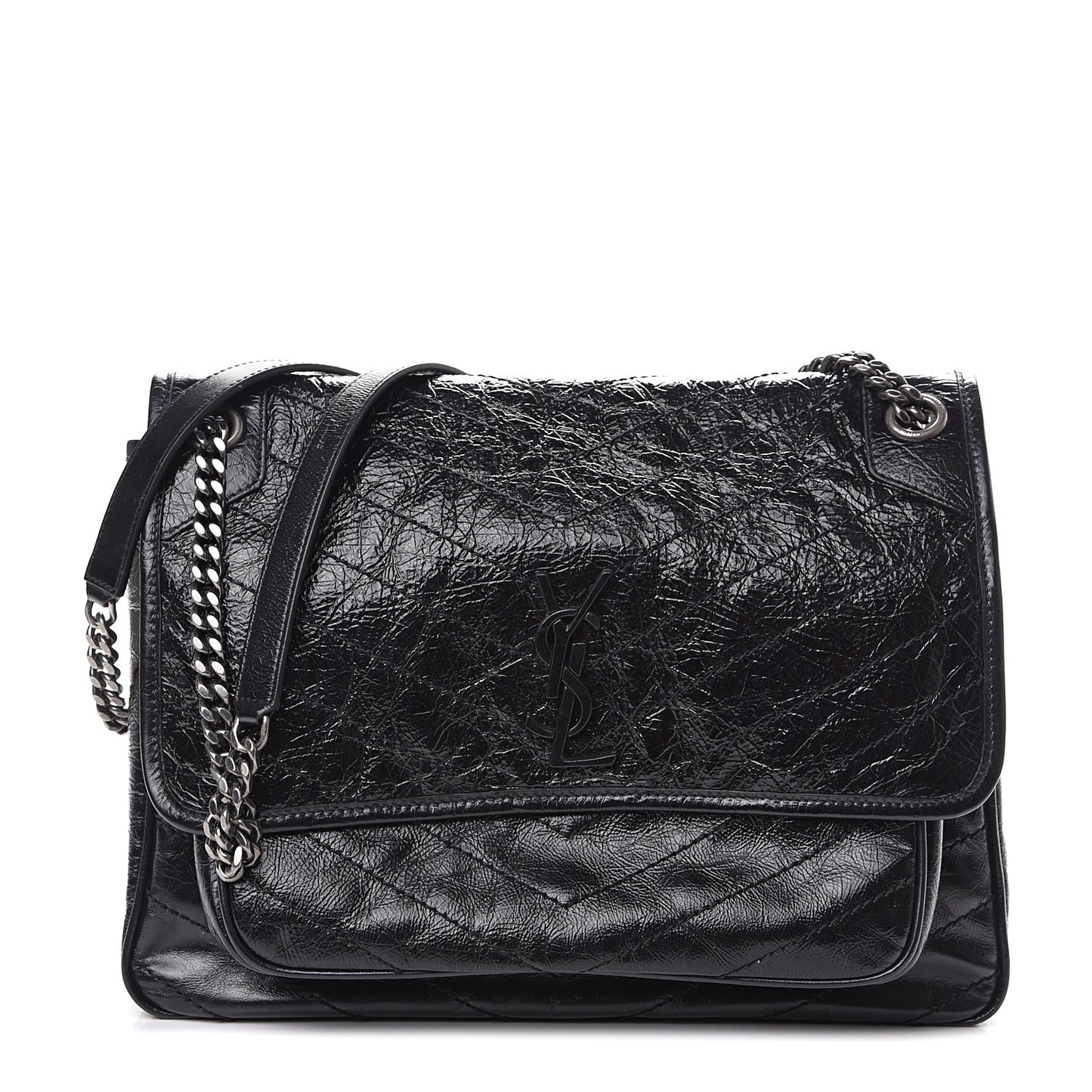 Crinkled Calfskin Matelasse Monogram Large Niki Chain Satchel Black