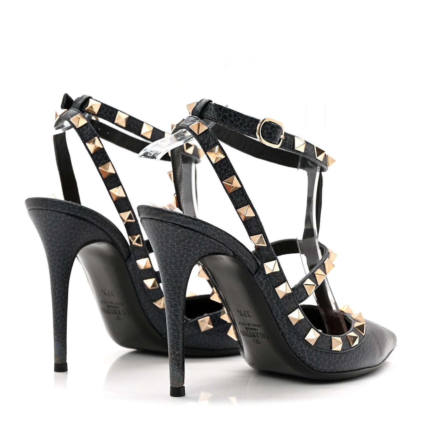 Pebbled Calfskin Rockstud Ankle Strap 100mm Pumps 37.5 Deep Denim