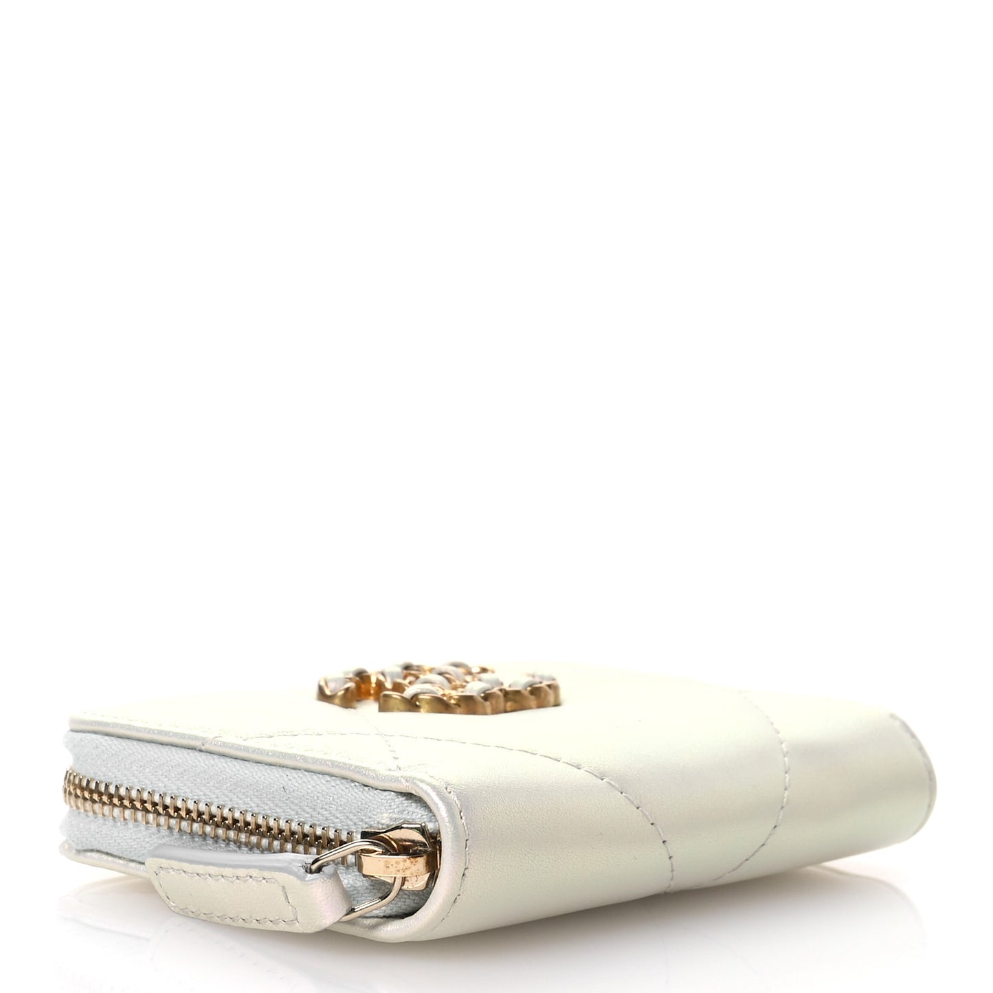 Metallic Goatskin Quilted Chanel 19 Zip Around Coin Purse Wallet Silver
