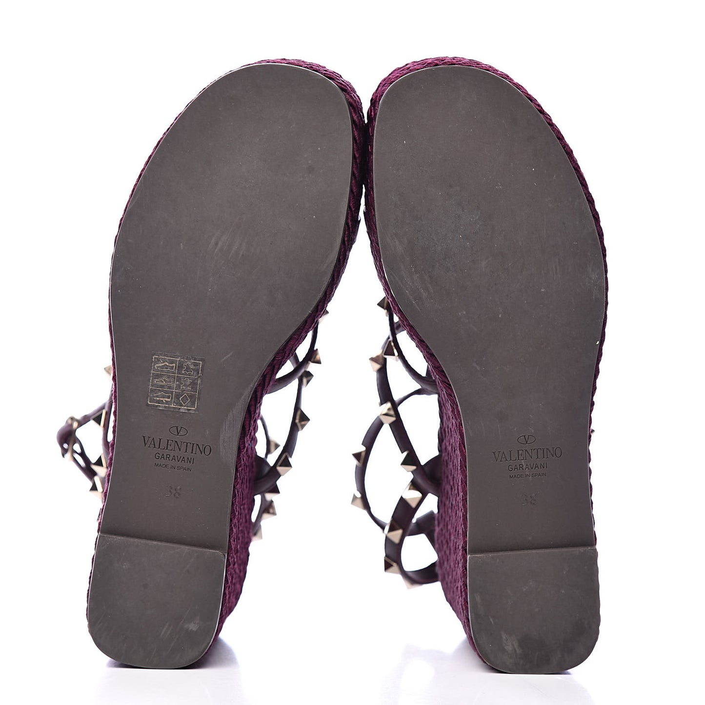 Calfskin Rockstud Ankle Strap Torchon Espadrille Caged 25/95mm Wedge Sandals 38 Rubin