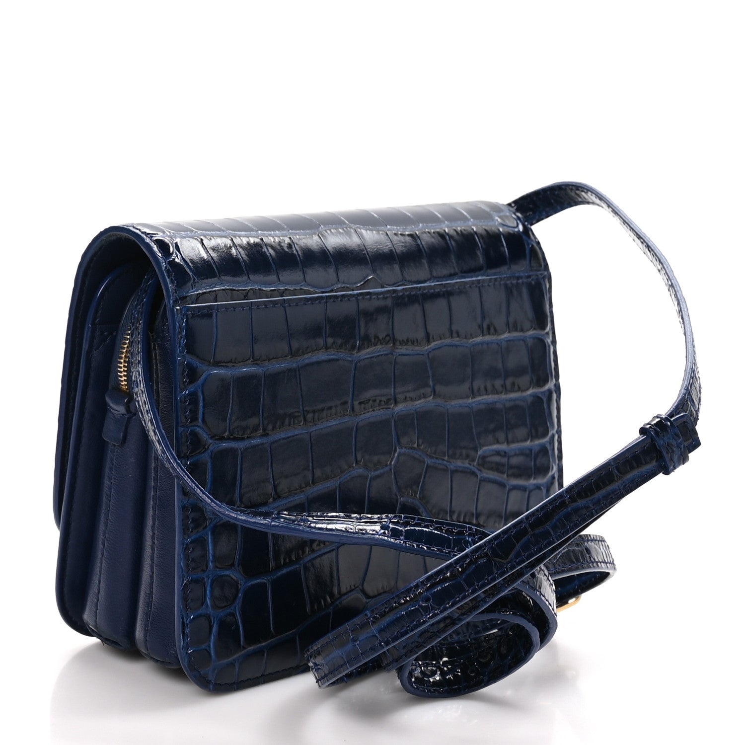 Balenciaga Shiny Calfskin Crocodile Embossed Small B Crossbody Bag Navy 3 of 12