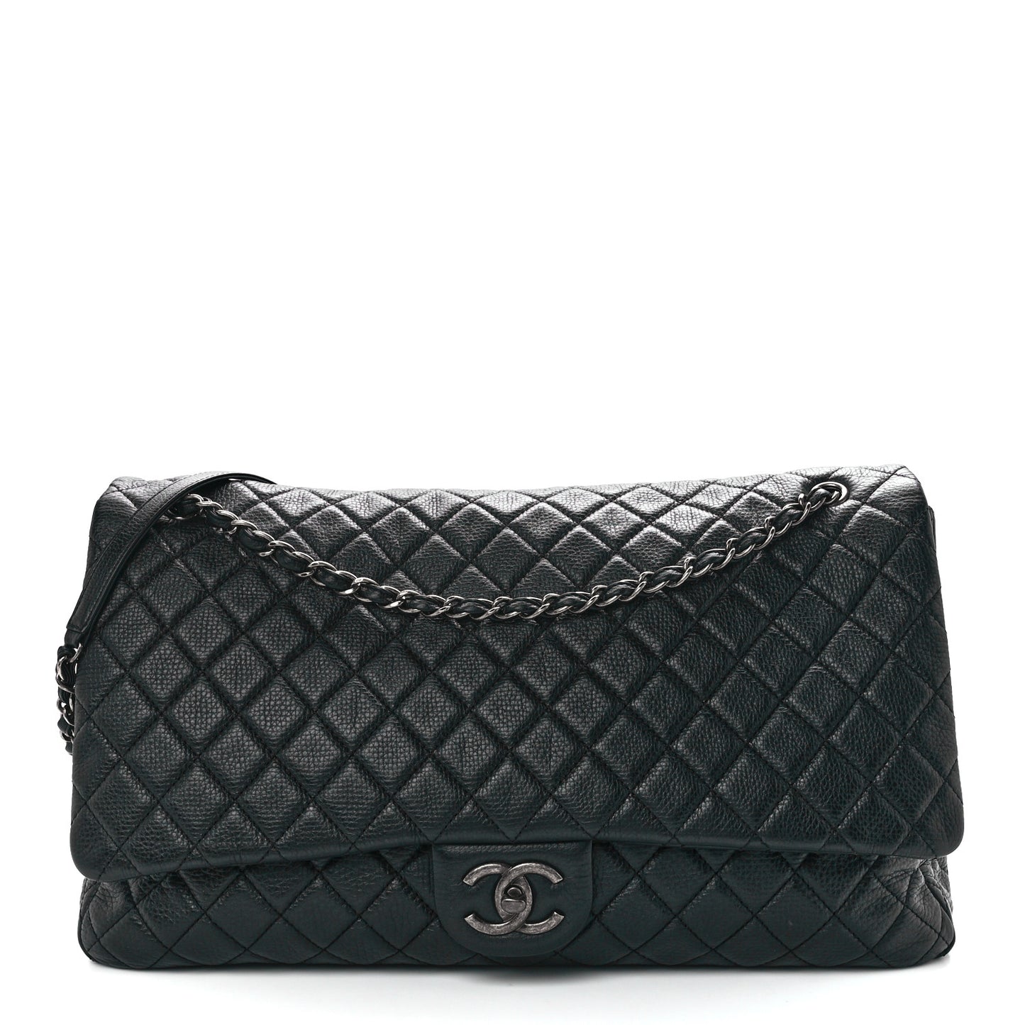 Calfskin Quilted XXL Travel Flap Bag Black