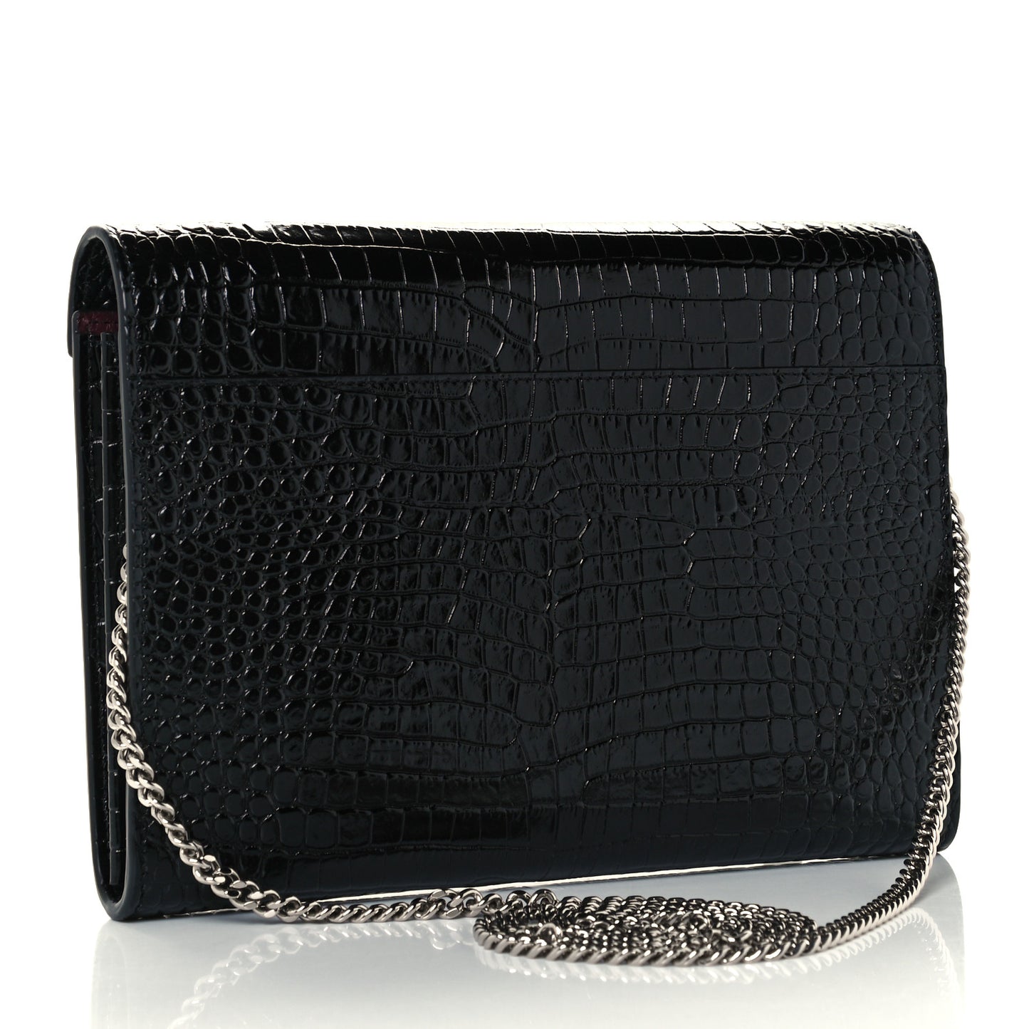 Patent Calfskin Crocodile Embossed Monogram Cassandra Chain Wallet Black