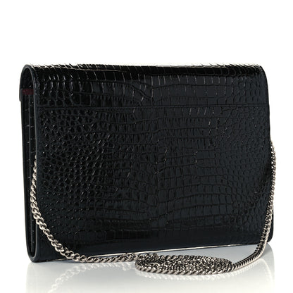Saint Laurent Patent Calfskin Crocodile Embossed Monogram Cassandra Chain Wallet Black 3 of 11
