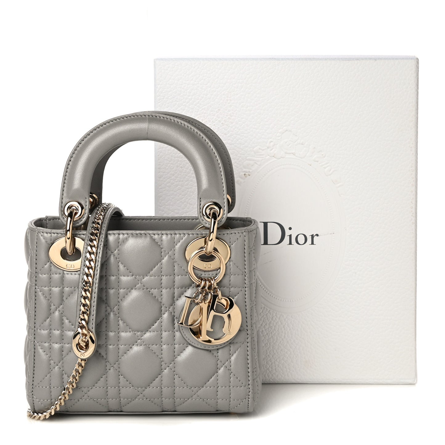 Metallic Lambskin Cannage Mini Lady Dior Grey