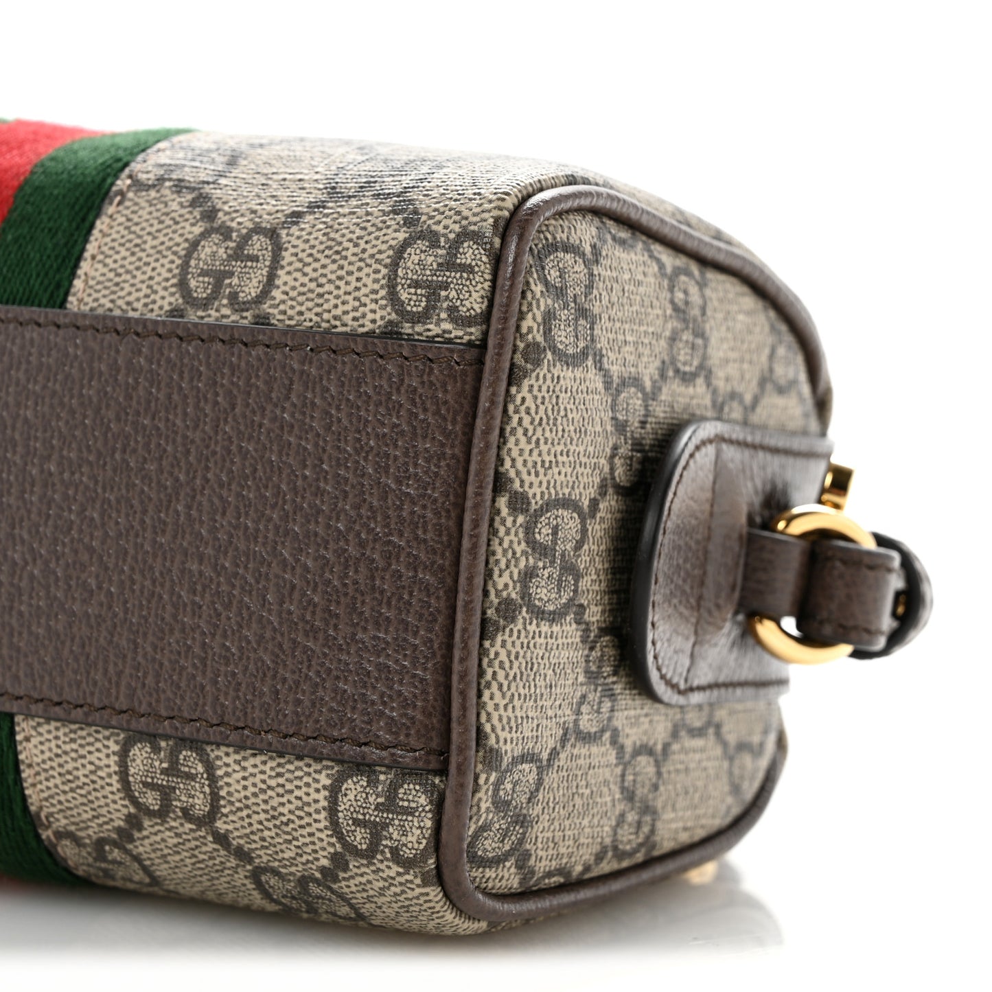 GG Supreme Monogram Textured Dollar Calfskin Web Super Mini Ophidia Top Handle Bowler Bag  Beige Ebony New Acero