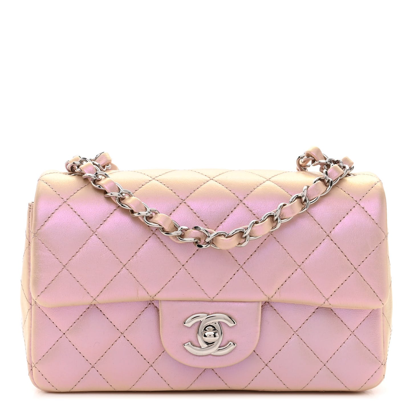 Iridescent Calfskin Quilted Mini Rectangular Flap Pink