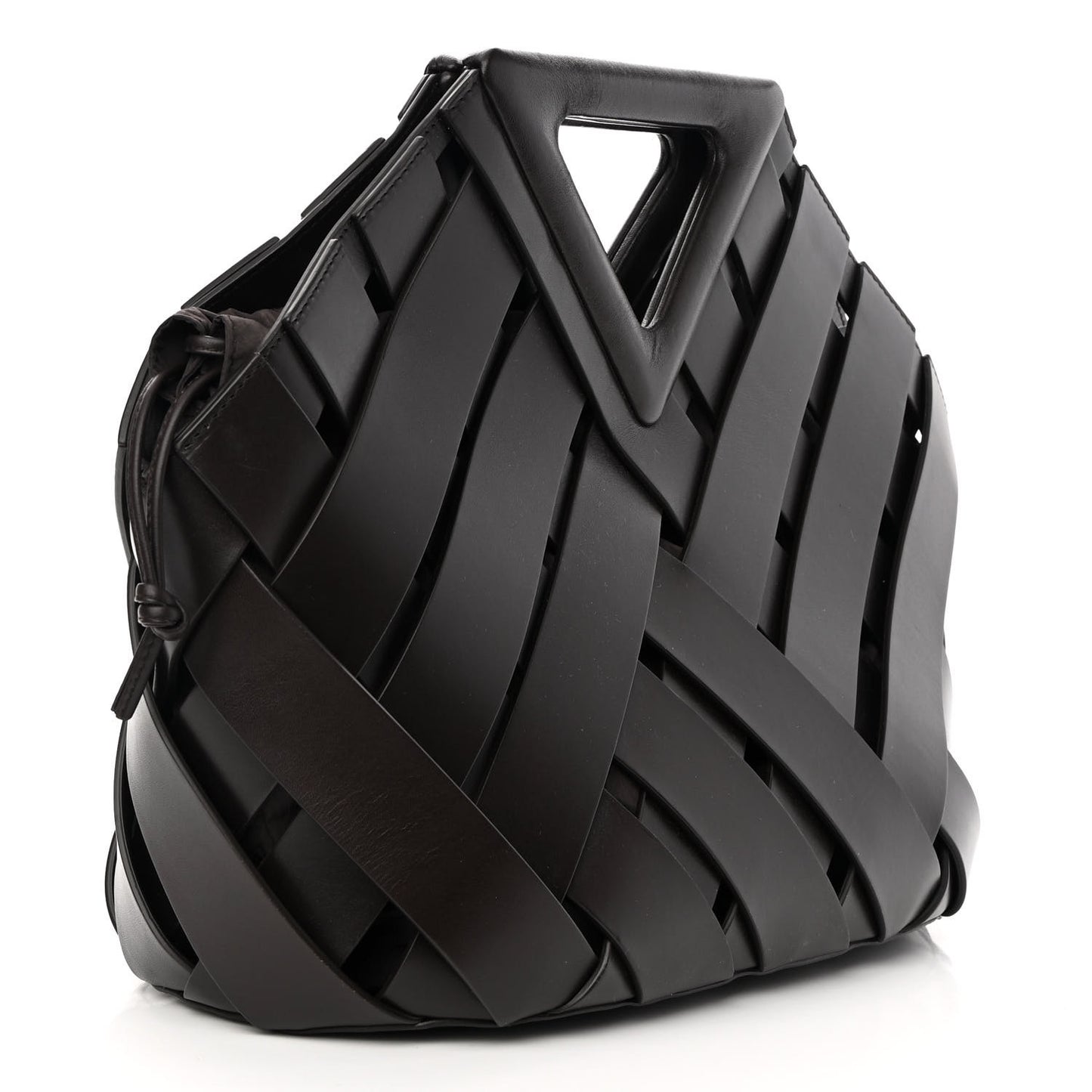 Calfskin V Woven Drawstring Tote Dark Brown