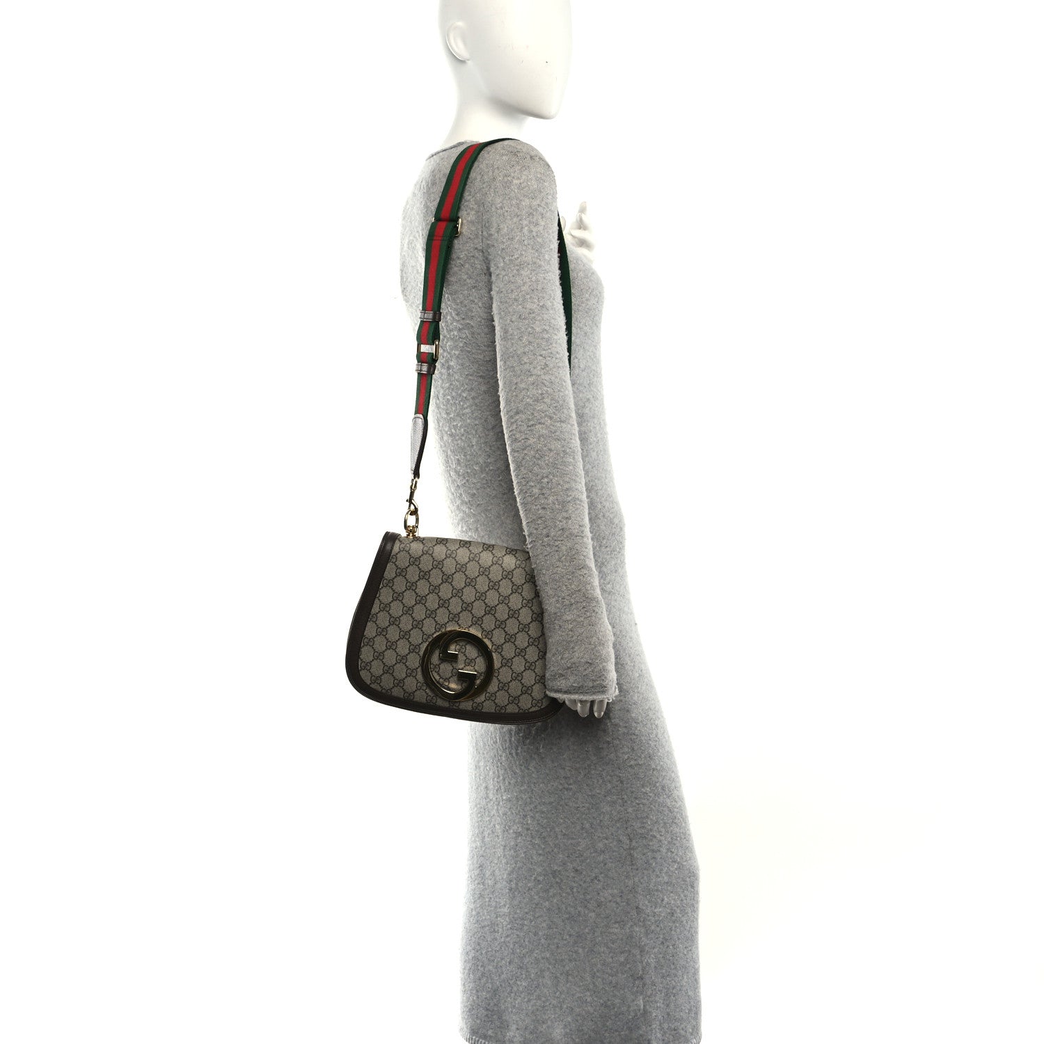 Gucci GG Supreme Monogram Textured Dollar Calfskin Web Medium Blondie Top Handle Shoulder Flap Bag Beige Ebony New Acero 2 of 10