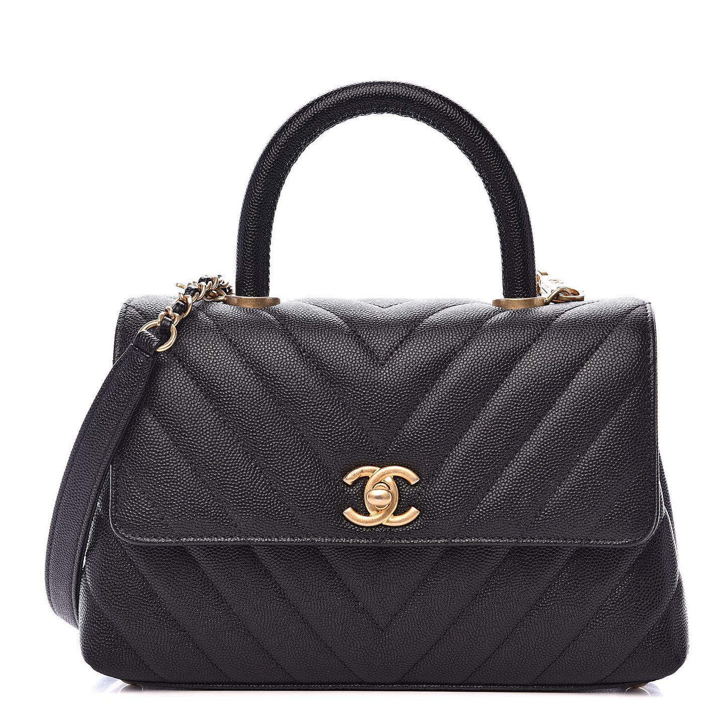 Caviar Chevron Quilted Mini Coco Handle Flap Black