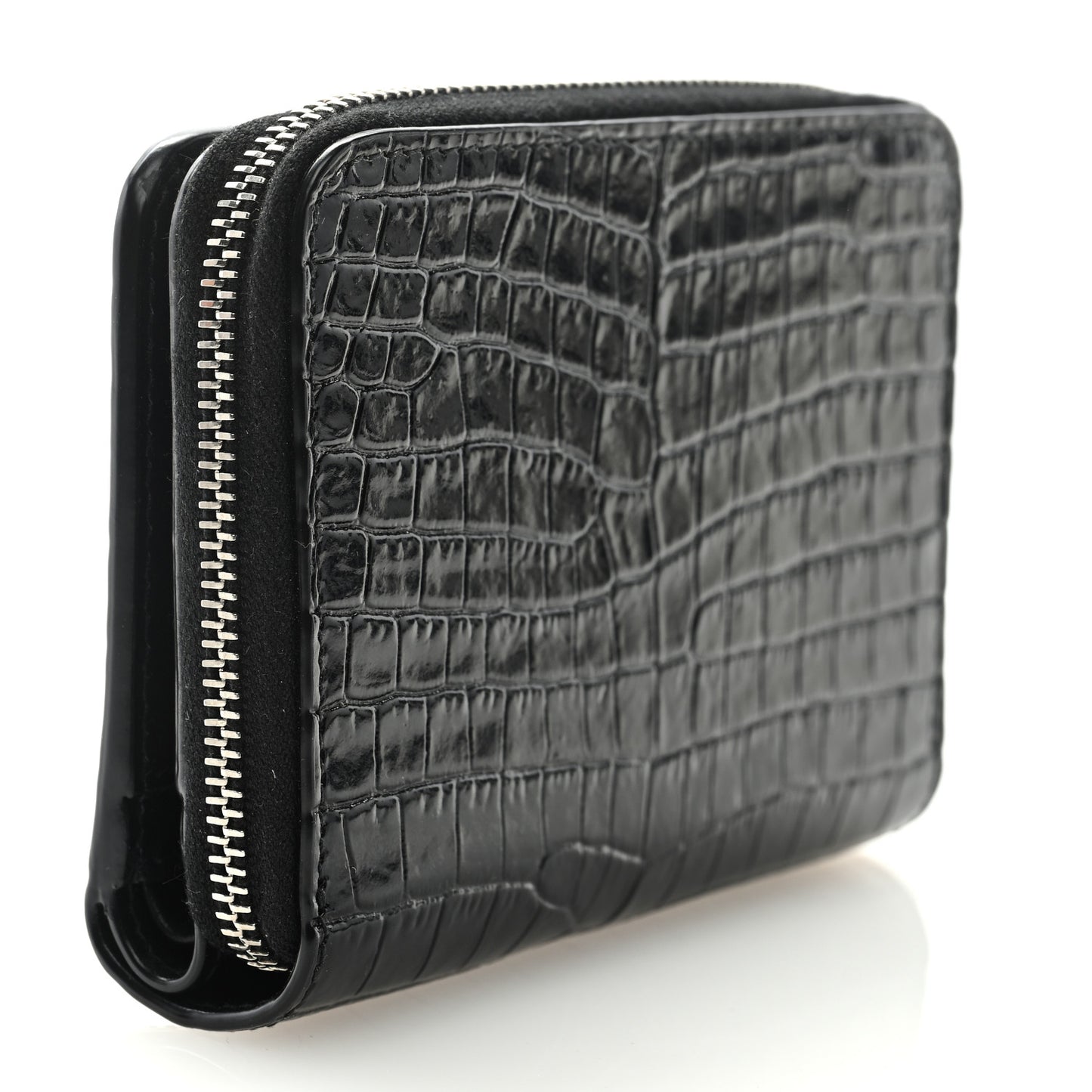 Calfskin Crocodile Embossed Monogram Compact Wallet Black