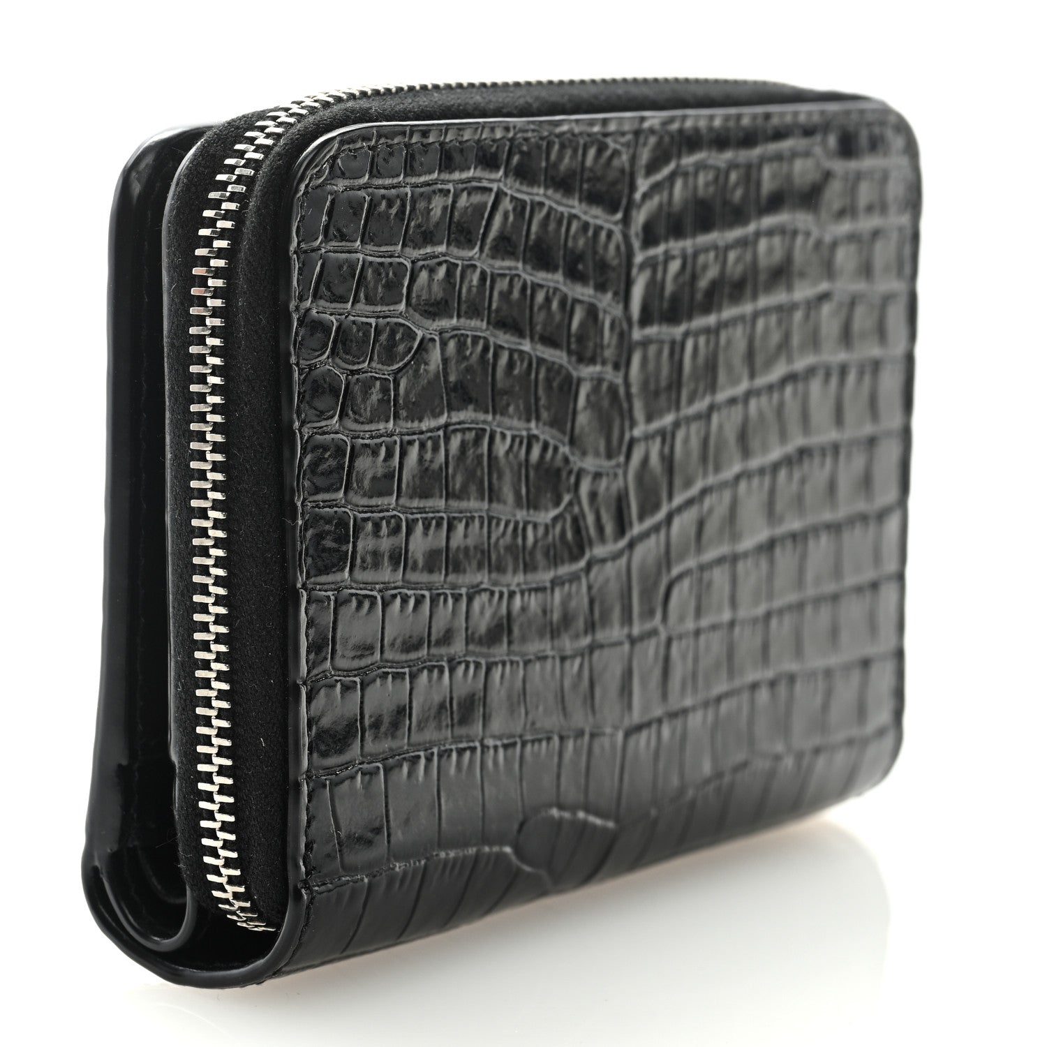 Saint Laurent Calfskin Crocodile Embossed Monogram Compact Wallet Black 3 of 6