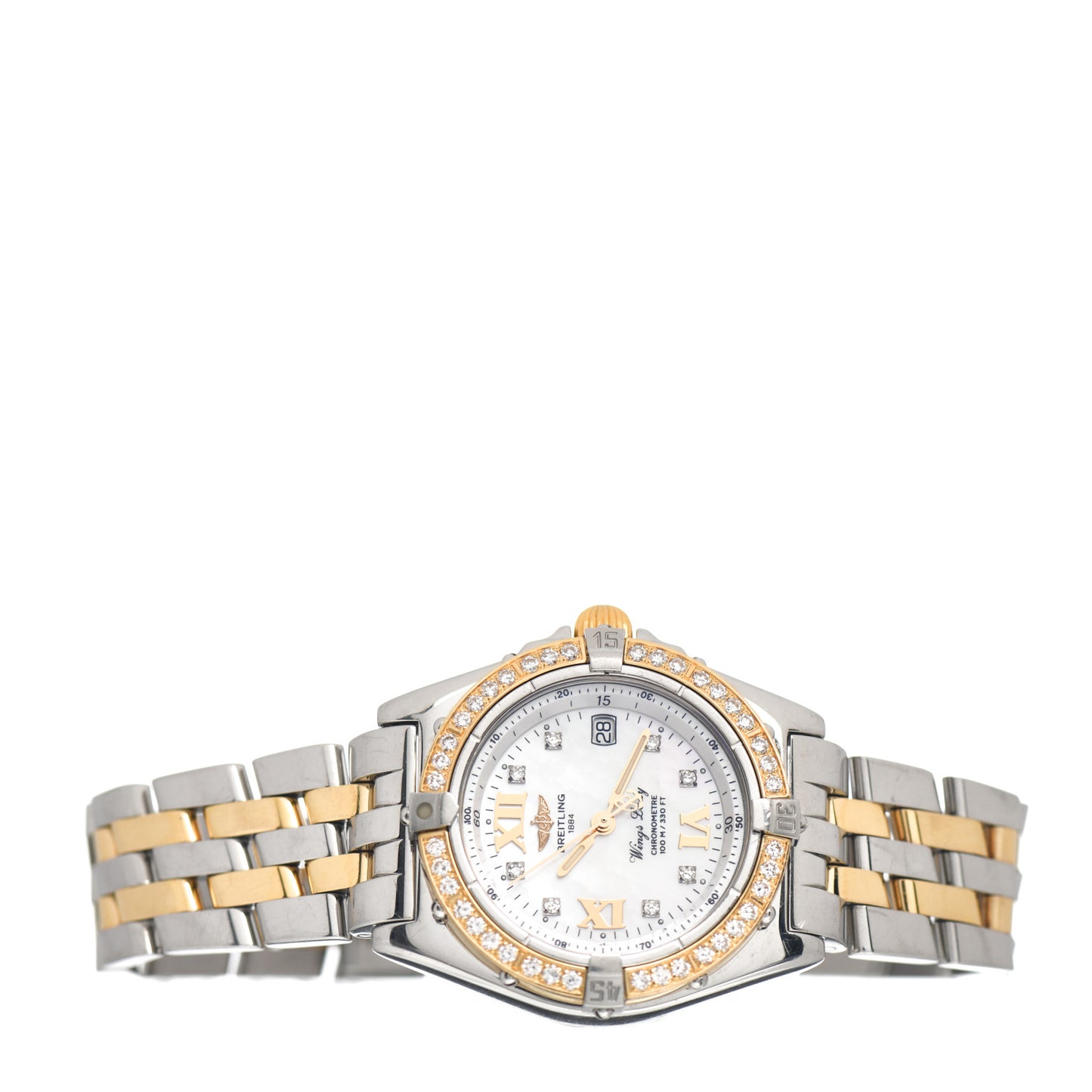 Stainless Steel 18K Yellow Gold Diamond Mother of Pearl 30mm Wings Lady Quartz Watch S67350