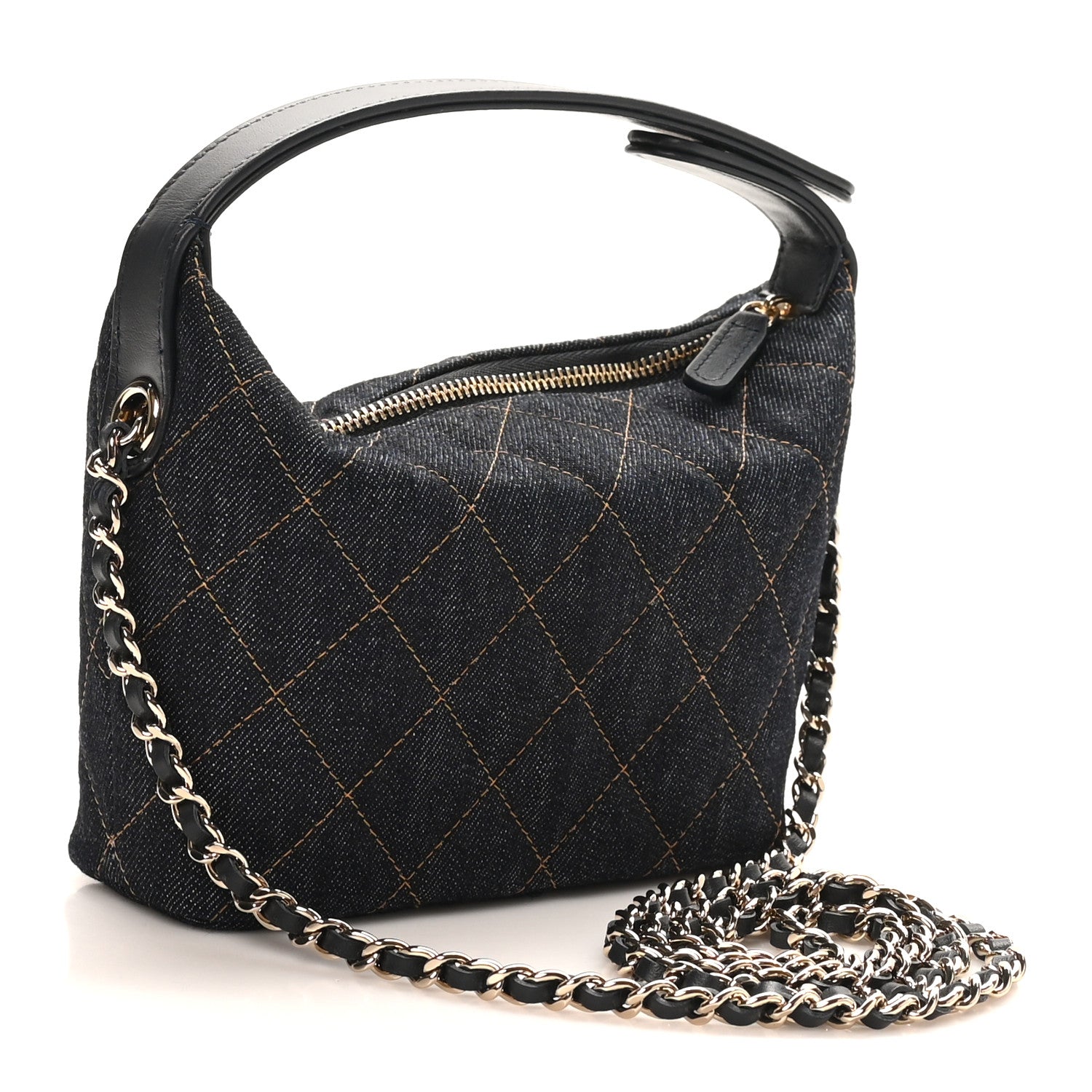Chanel Denim Quilted Hobo Clutch With Chain Dark Blue Orange 2 of 11