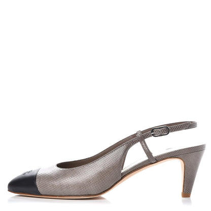 Chanel Lizard Grosgrain Cap Toe CC Slingback Sandals 40 Taupe 1 of 12