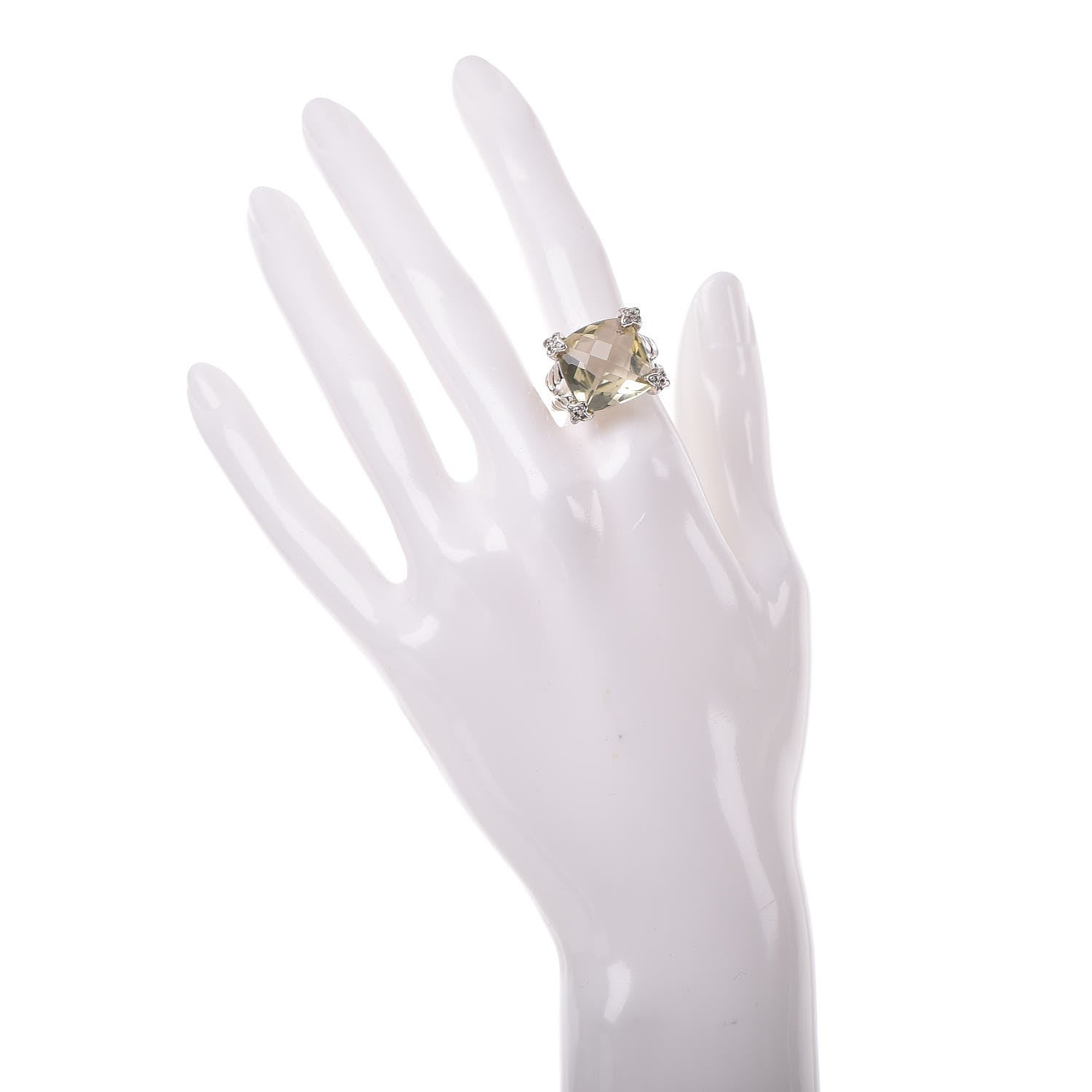 David Yurman Sterling Silver Diamond Prasiolite 15mm Cushion On Point Ring 53.5 6.5 2 of 5