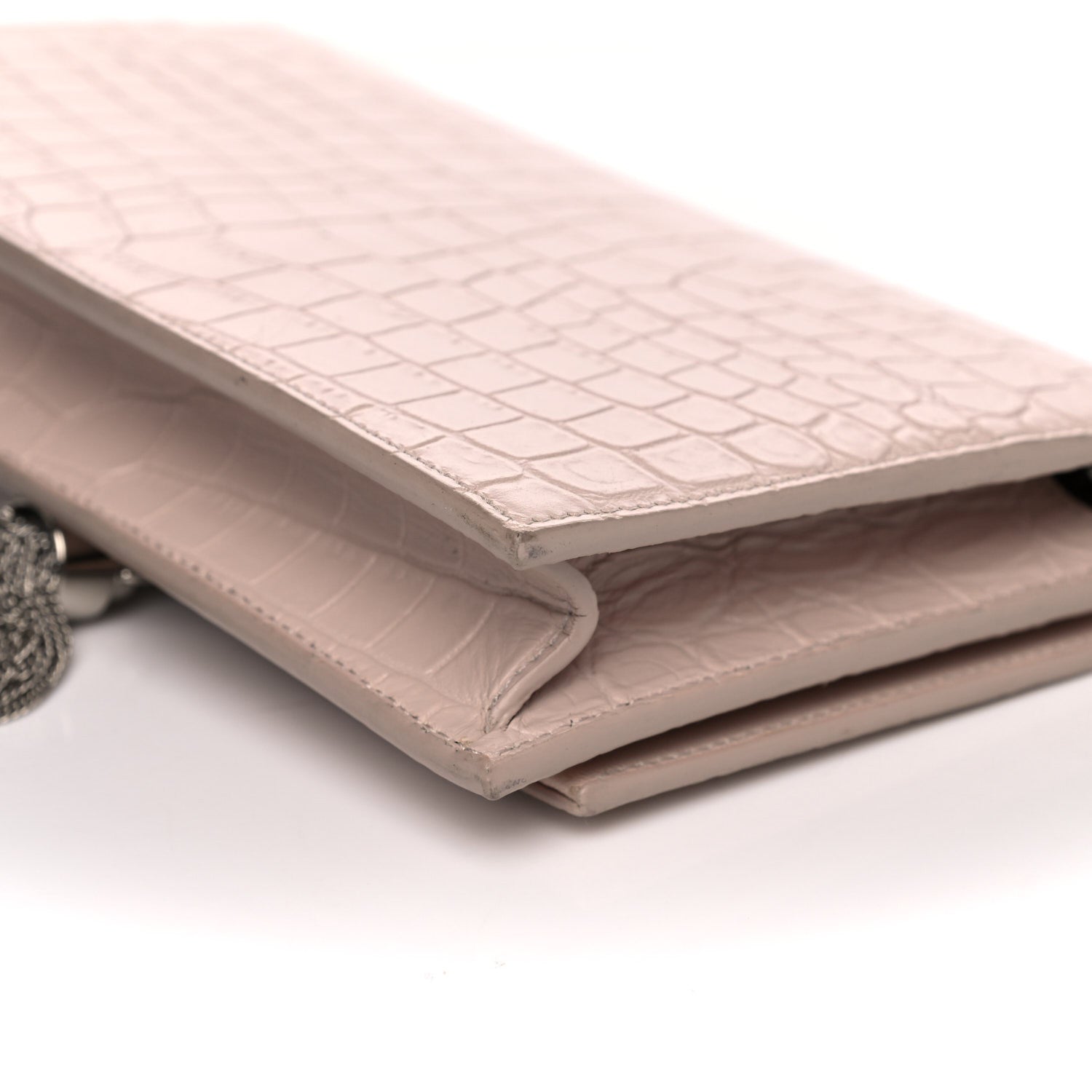 Saint Laurent Calfskin Crocodile Embossed Kate Monogram Tassel Chain Wallet Powder Pink 11 of 15