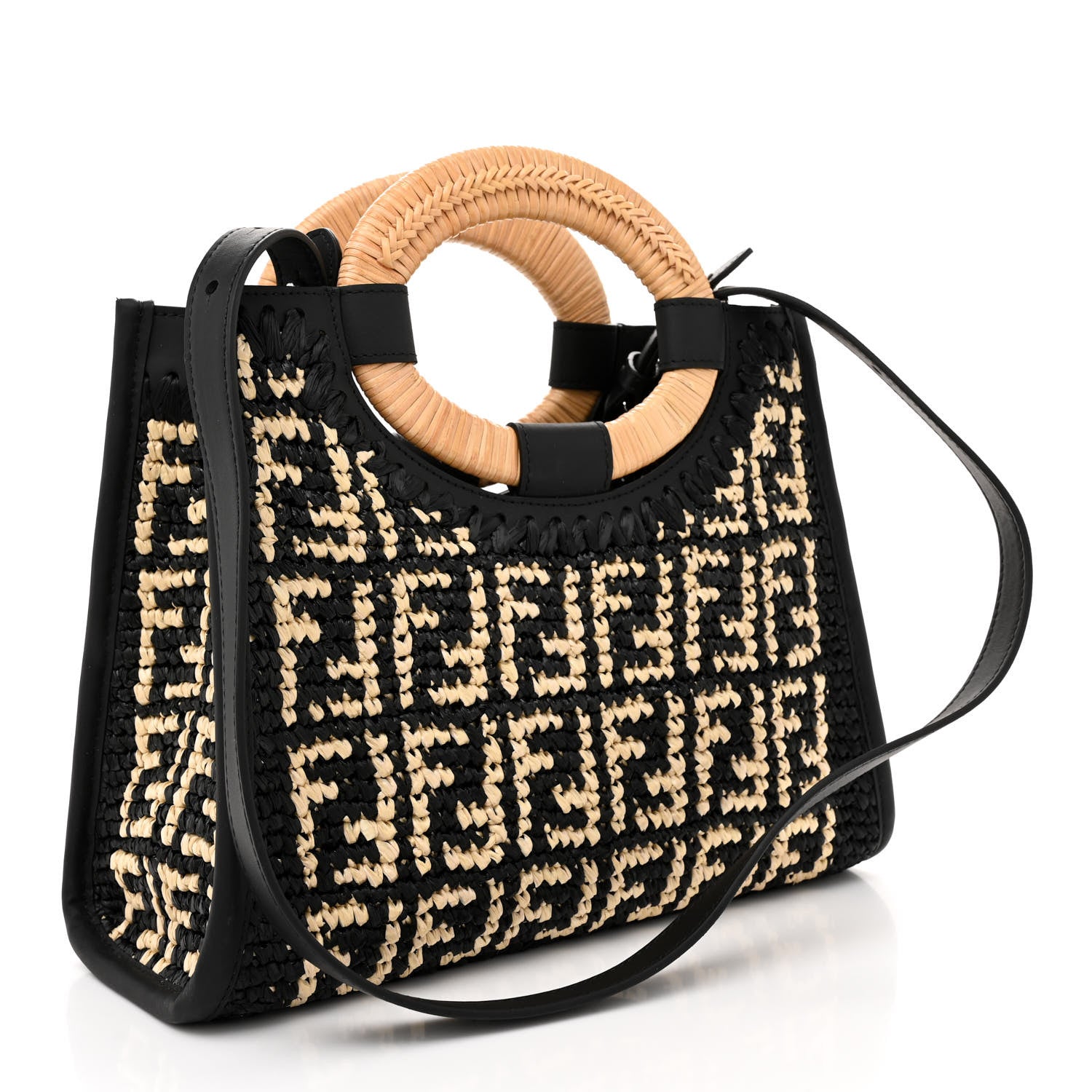 Fendi Wicker Vitello Century FF 1974 Small Runaway Shopper Tote Natural Black 3 of 9