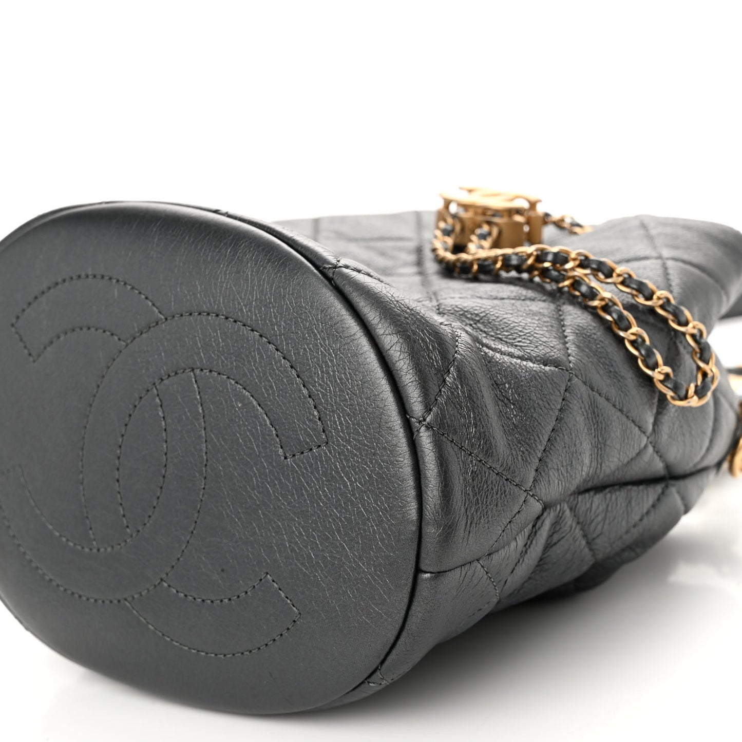 Metallic Lambskin Quilted Pearl Crown Drawstring Bag Anthracite