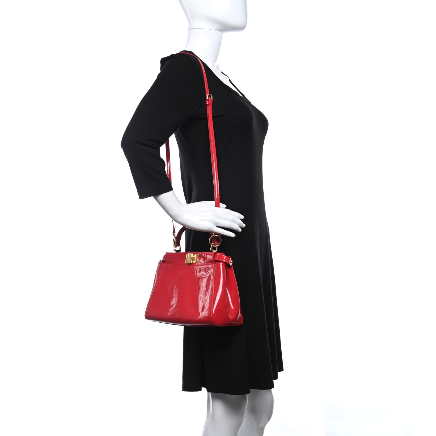 Fendi Vitello Vernice Mou Mini Peekaboo Iconic Satchel Rosso Cardinale 2 of 9