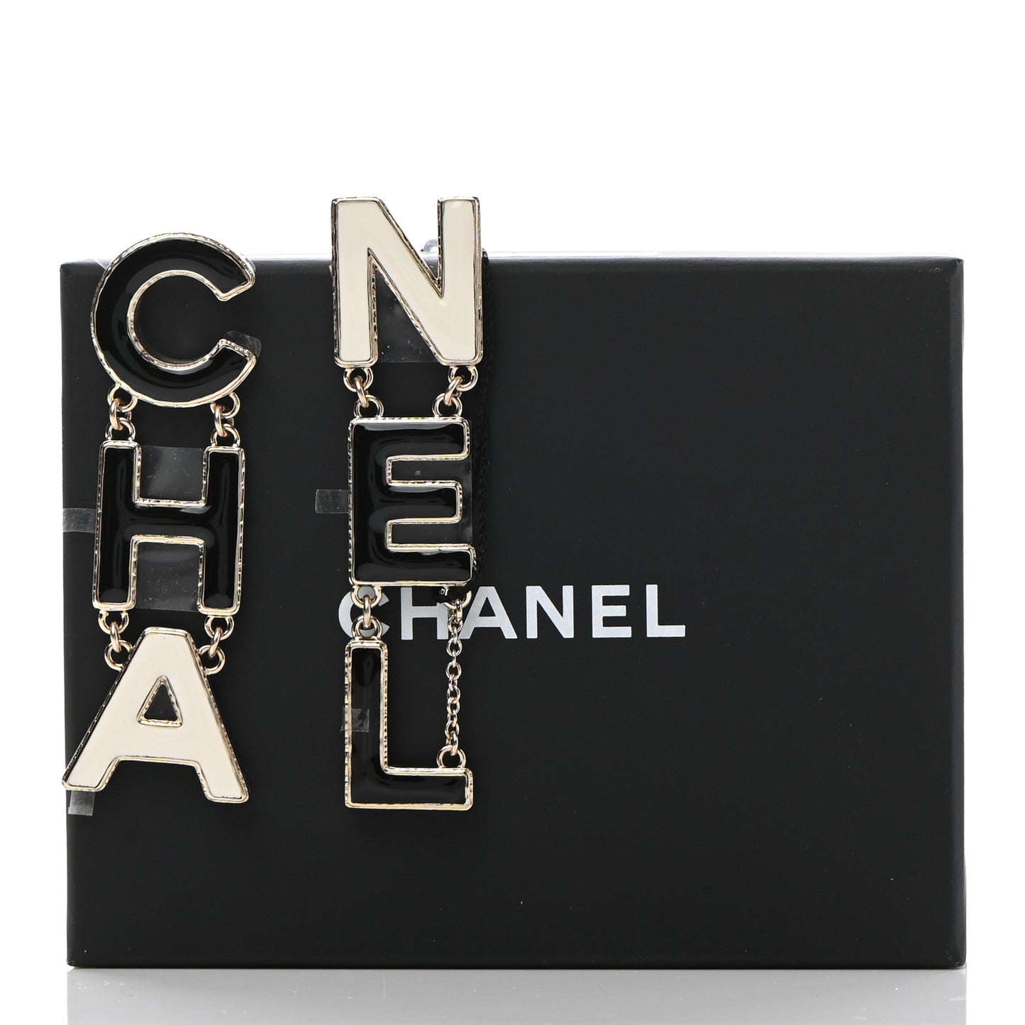 Metal Enamel Cha-Nel Logo Drop Earrings Black White
